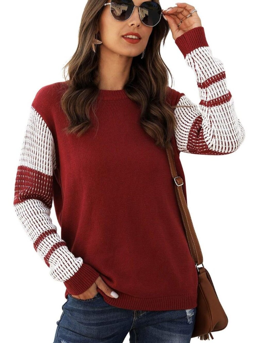 Women's Red Cute Contrast Sleeve Knitted Pullover Crewneck Winter Sweaters